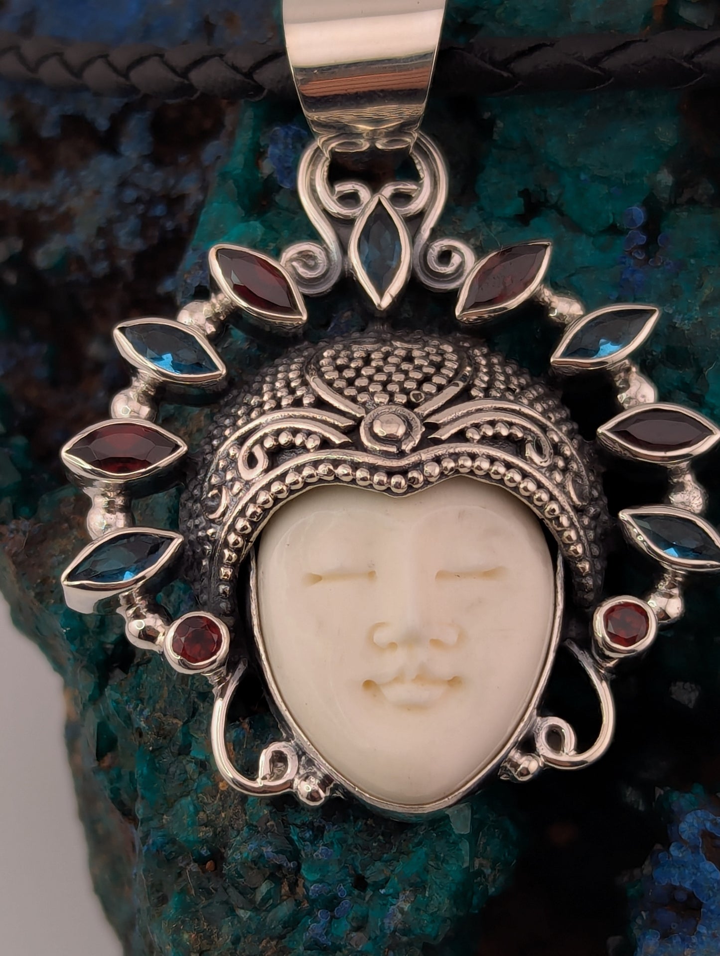 Hand Carved Face with Natural Gemstone Headdress Necklace