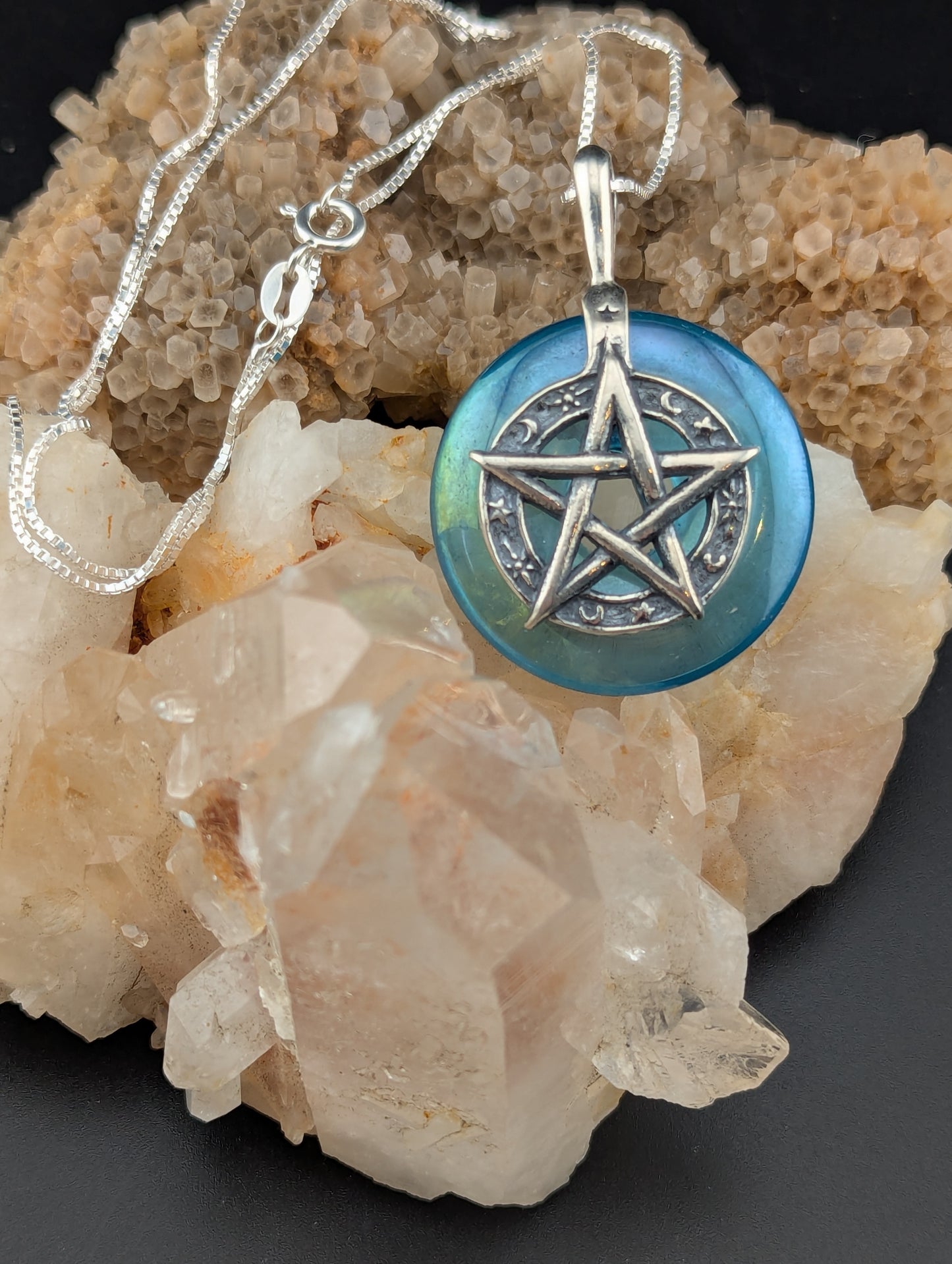 Aqua Aura Quartz Pentacle Necklace