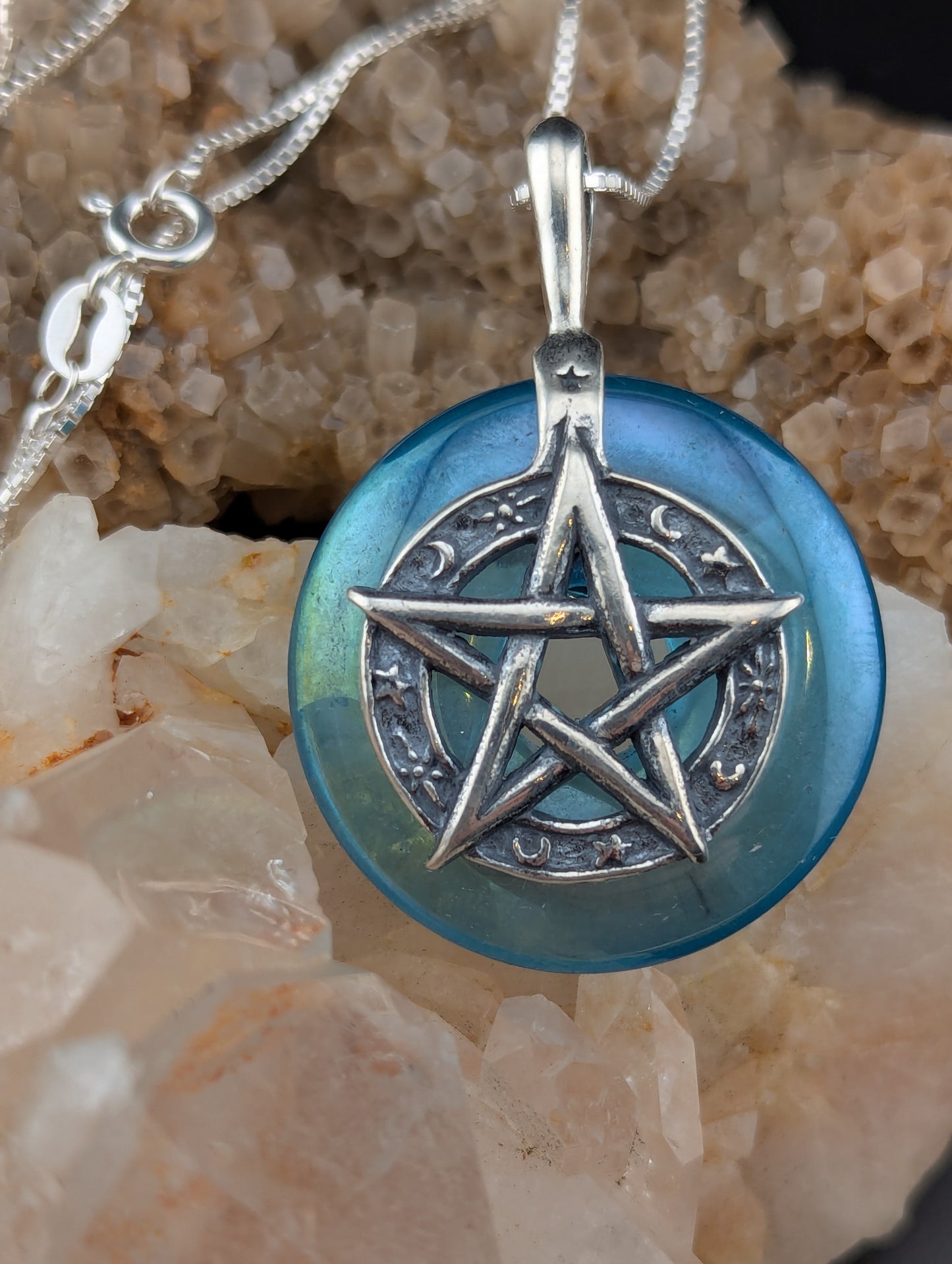 Aqua Aura Quartz Pentacle Necklace