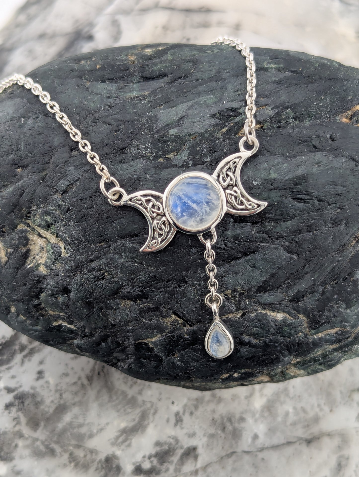 Crescent Moon With Moonstone Y-drop Necklace