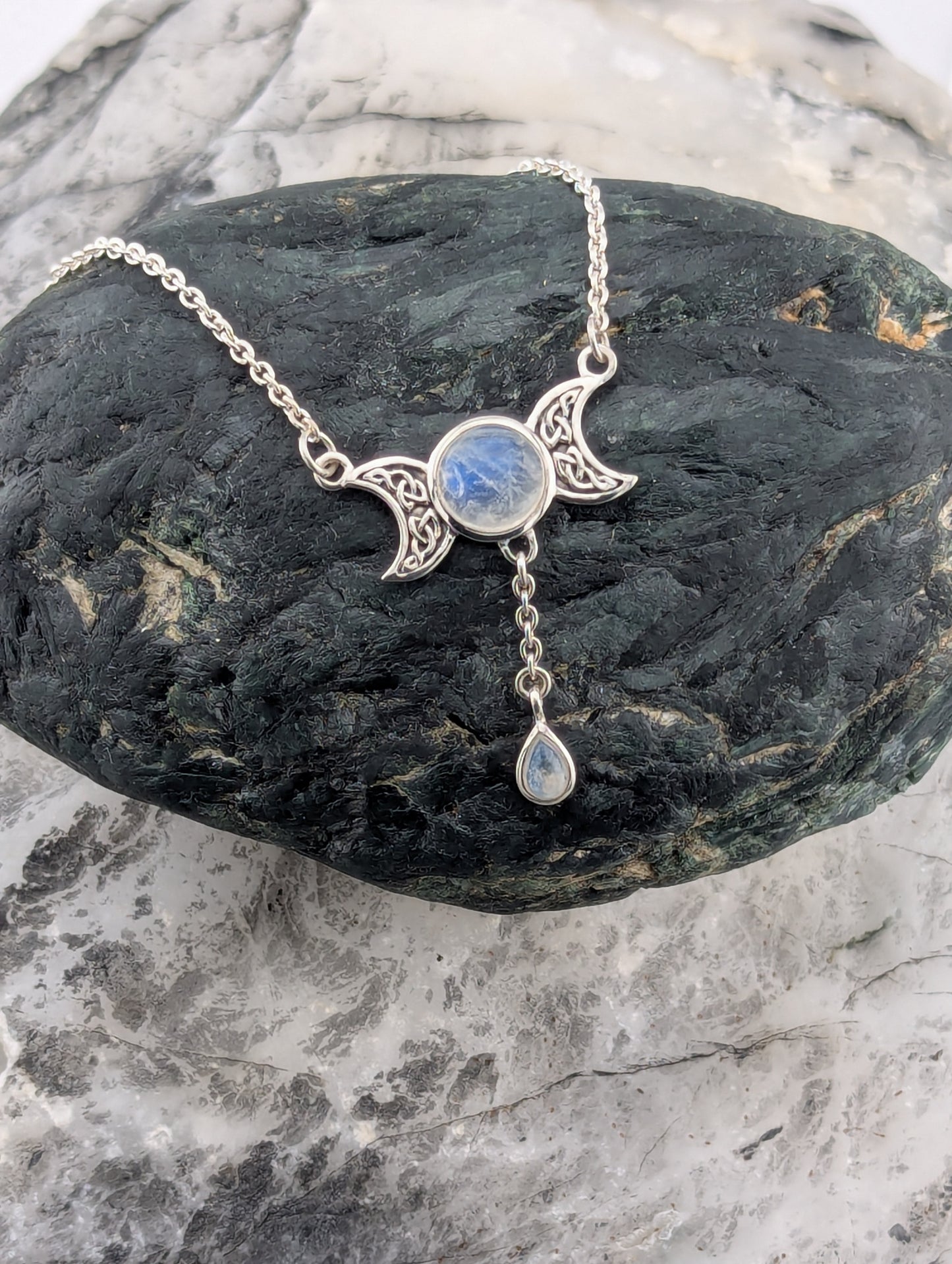 Crescent Moon With Moonstone Y-drop Necklace
