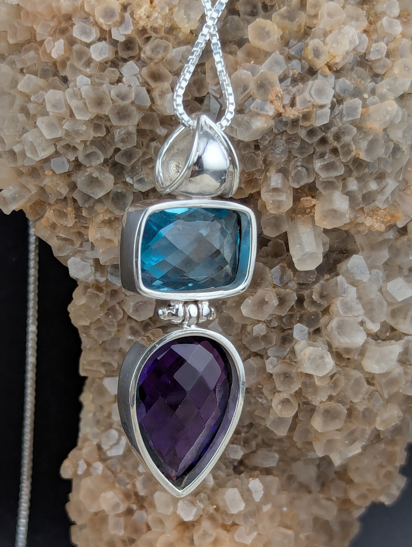 Checkerboard Cut Blue Topaz & Amethyst Necklace