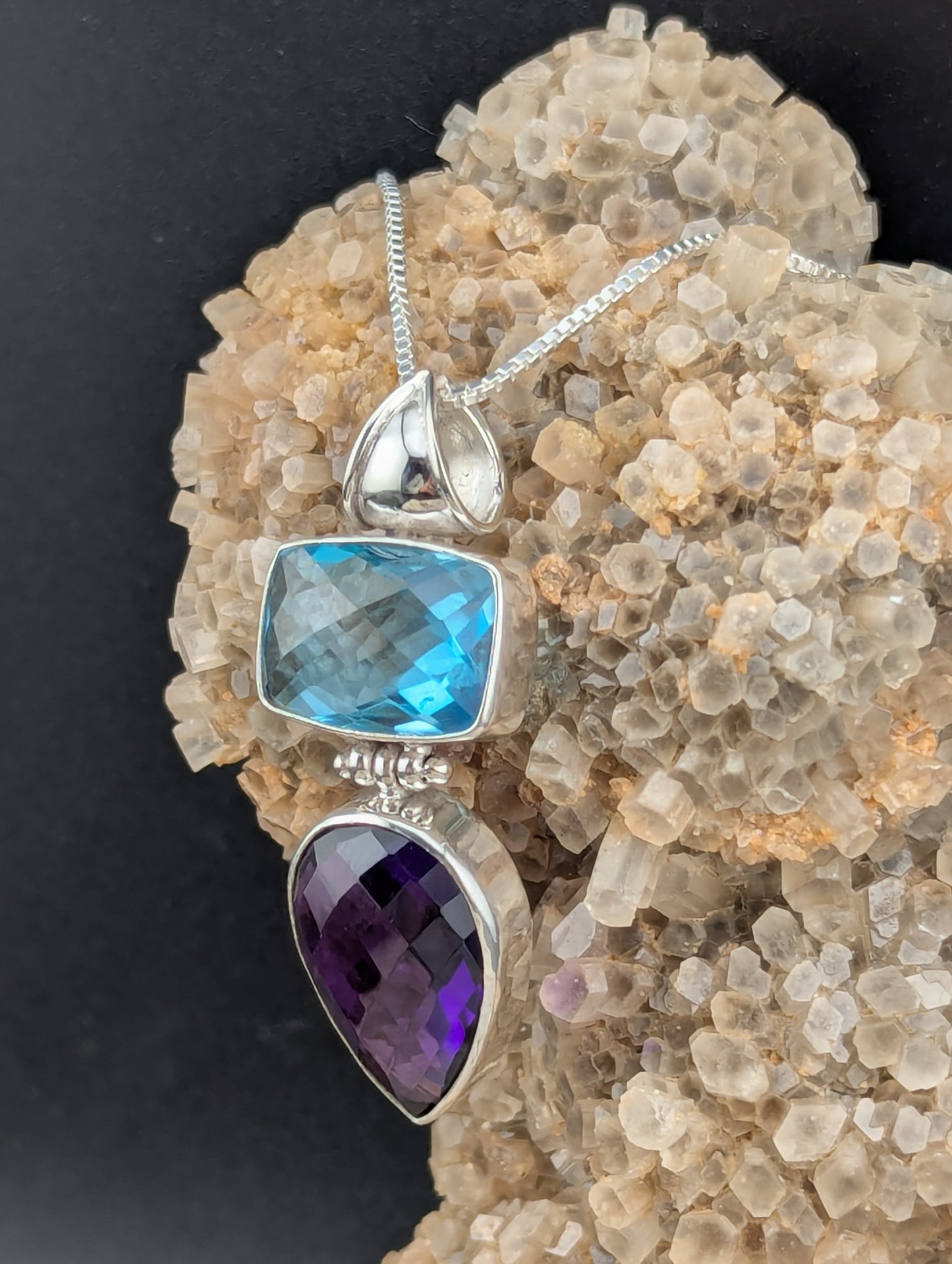 Checkerboard Cut Blue Topaz & Amethyst Necklace