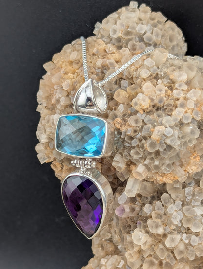 Checkerboard Cut Blue Topaz & Amethyst Necklace