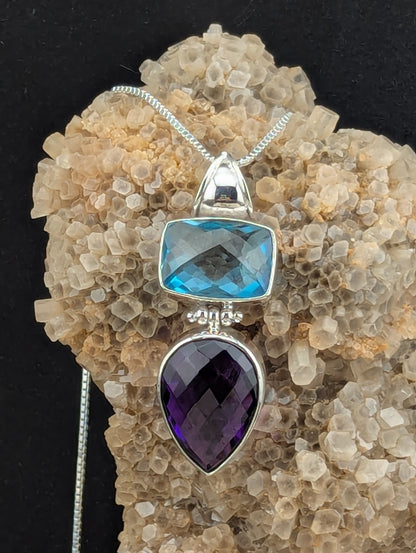 Checkerboard Cut Blue Topaz & Amethyst Necklace