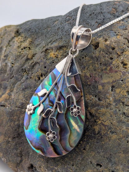 Sterling Silver Abalone Shell Necklace with Floral Design