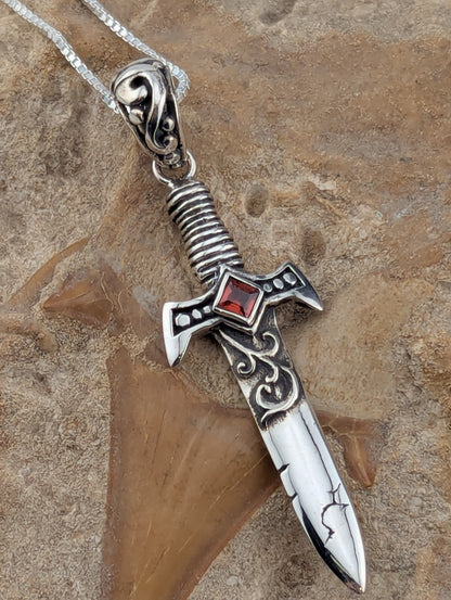 Sterling Silver Dagger with Garnet Necklace