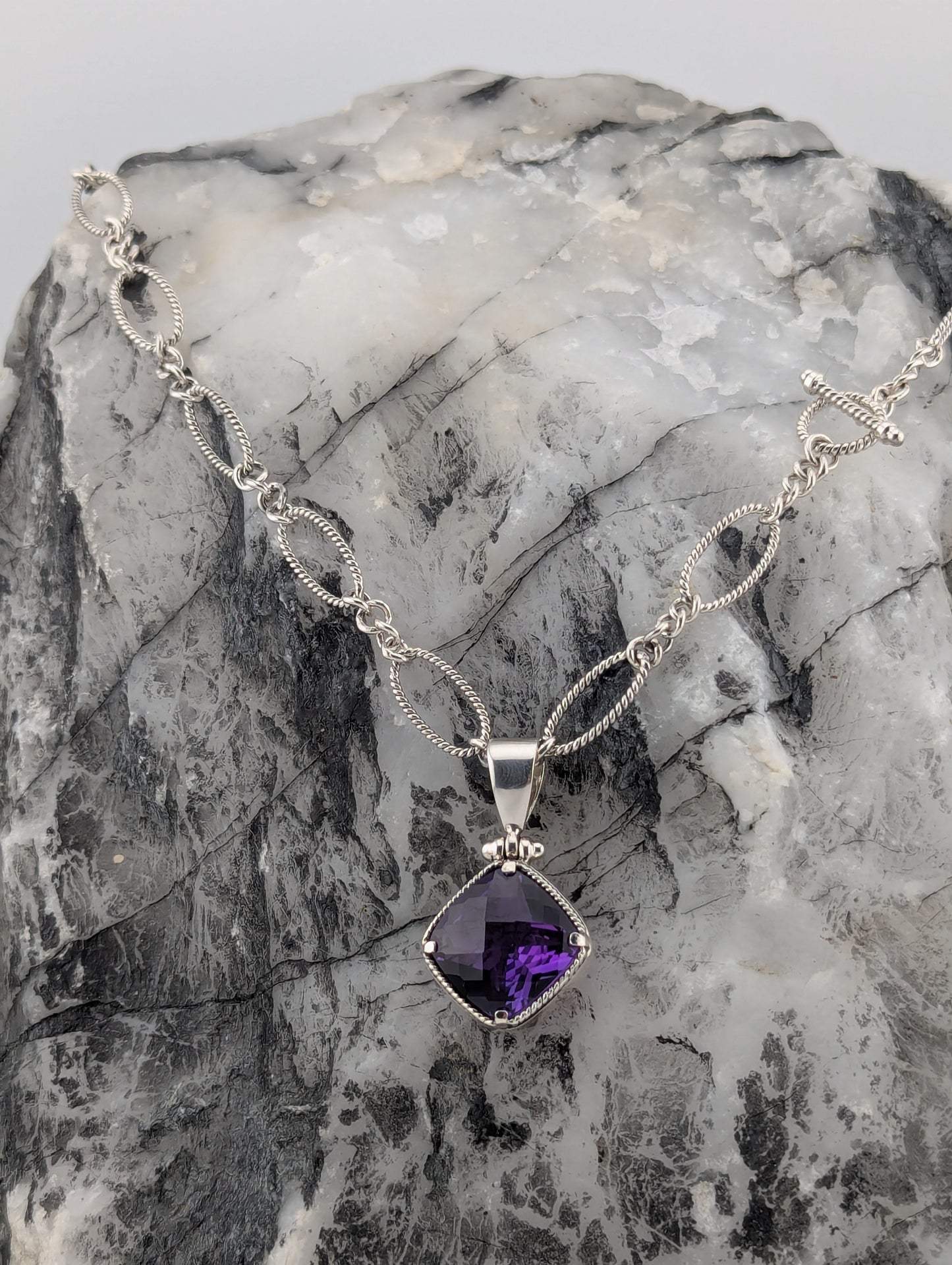 Checkerboard Cut Amethyst Toggle Necklace