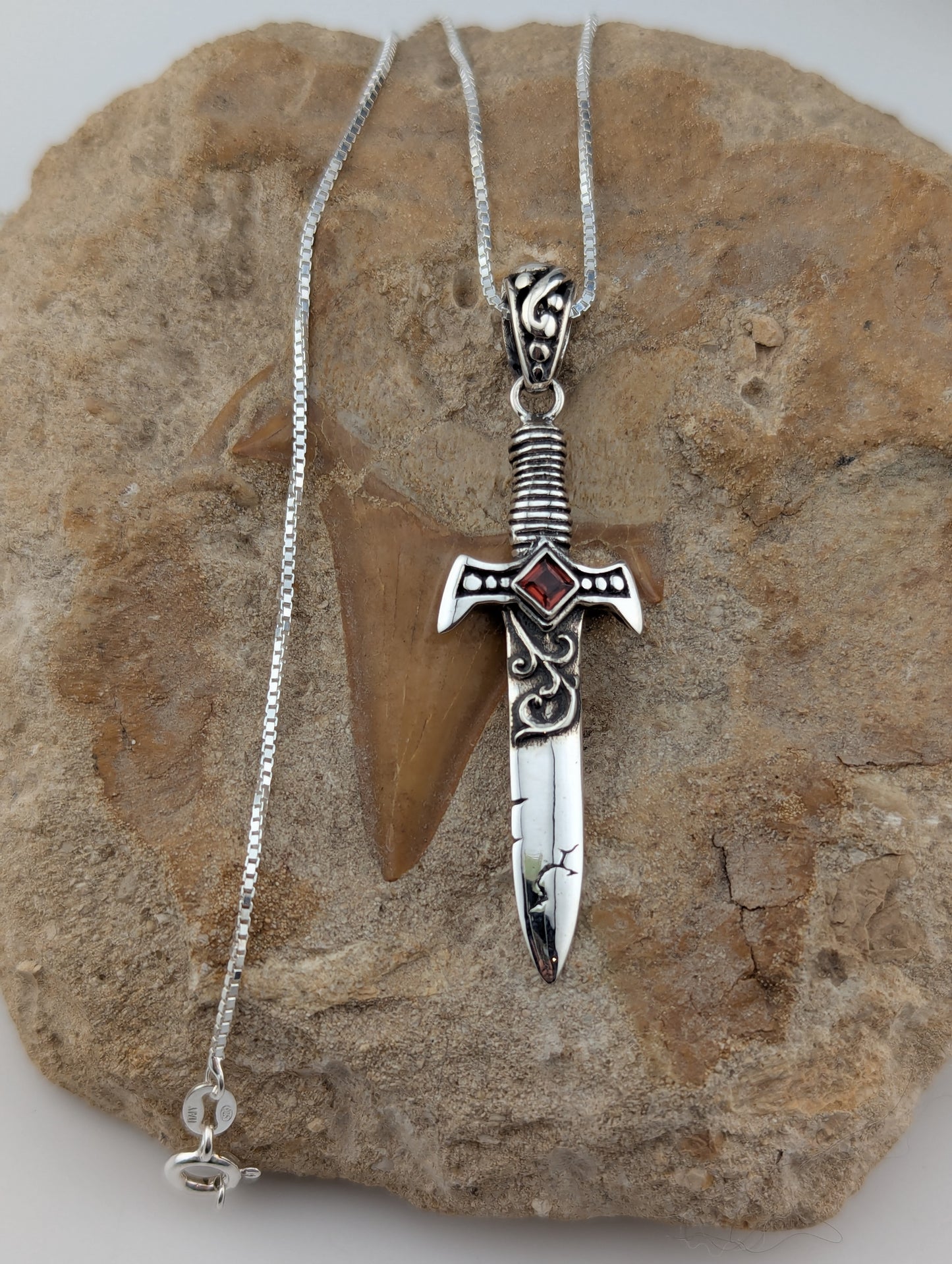 Sterling Silver Dagger with Garnet Necklace