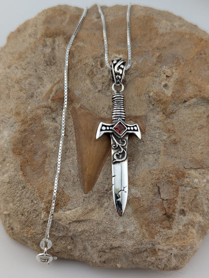 Sterling Silver Dagger with Garnet Necklace