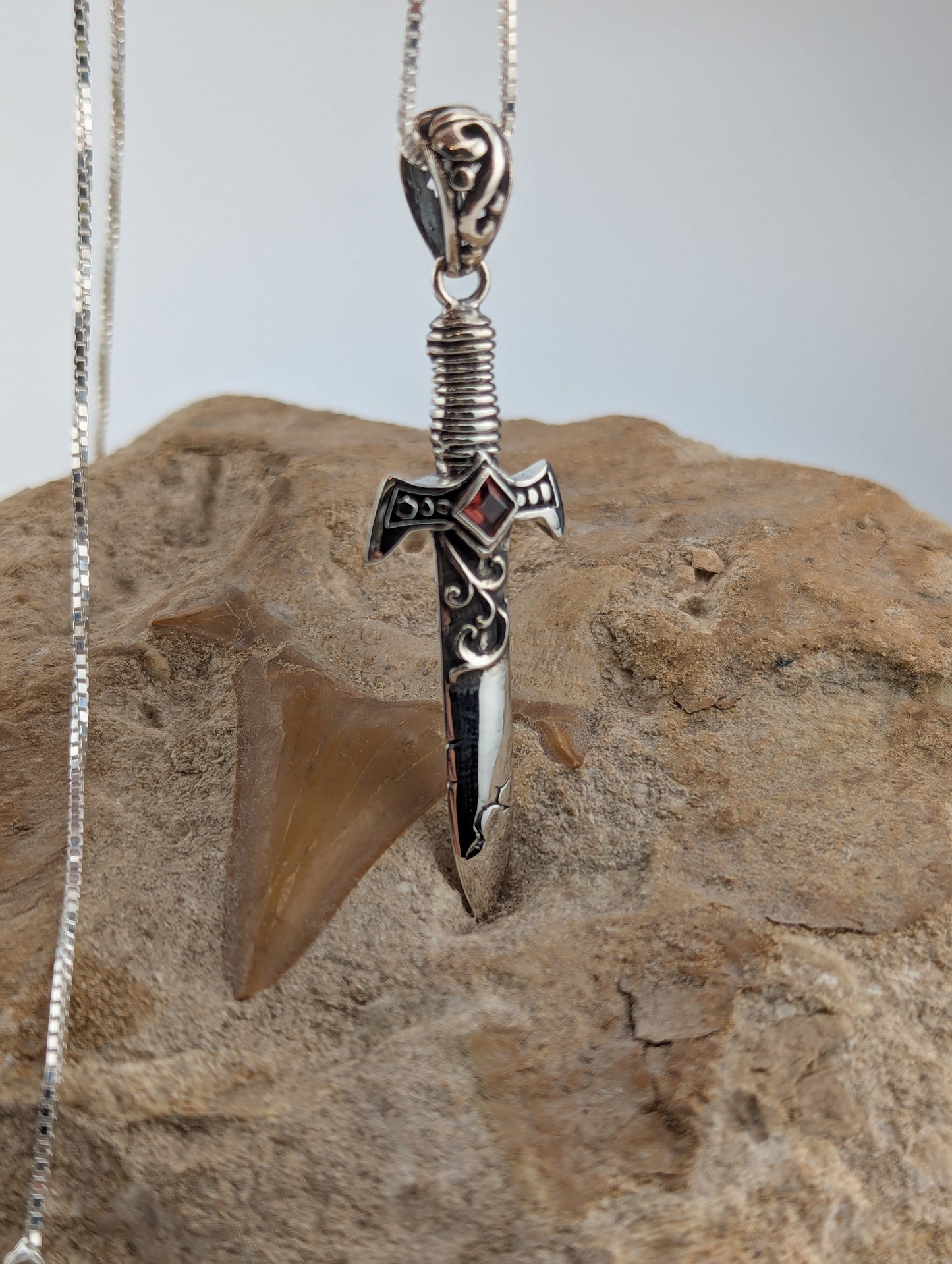 Sterling Silver Dagger with Garnet Necklace